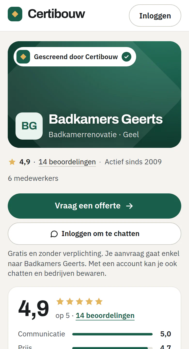 Scherm op gsm: de pagina van een gescreend bedrijf met het teken Gescreend door Certibouw, een score van 4,9 op 5 en de knop Vraag een offerte.